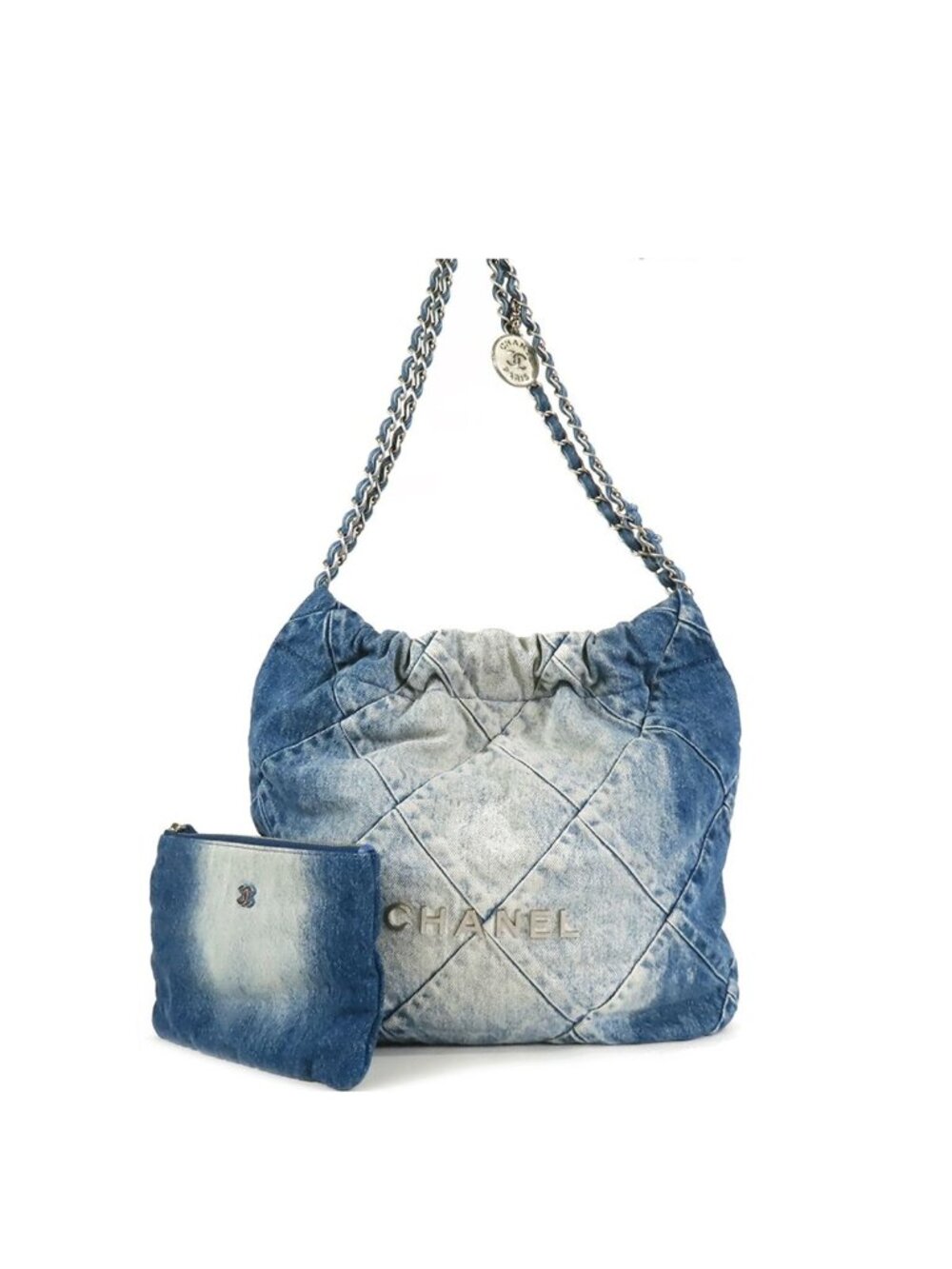 Chanel 22 Blue Silver Denim Small Quilted Shoulder Bag